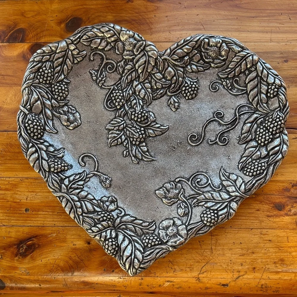 Vintage Carson Pewter Heart-Shaped Decorative Plate Berry & Vine Border Design